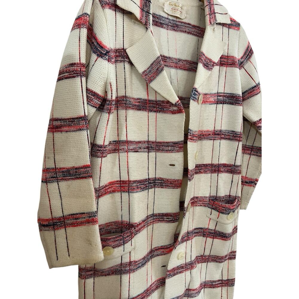 Vintage 70s Knit Fashion Plaid Long Cardigan Sweater Acrylic L Coastal Grandma - Picture 7 of 15